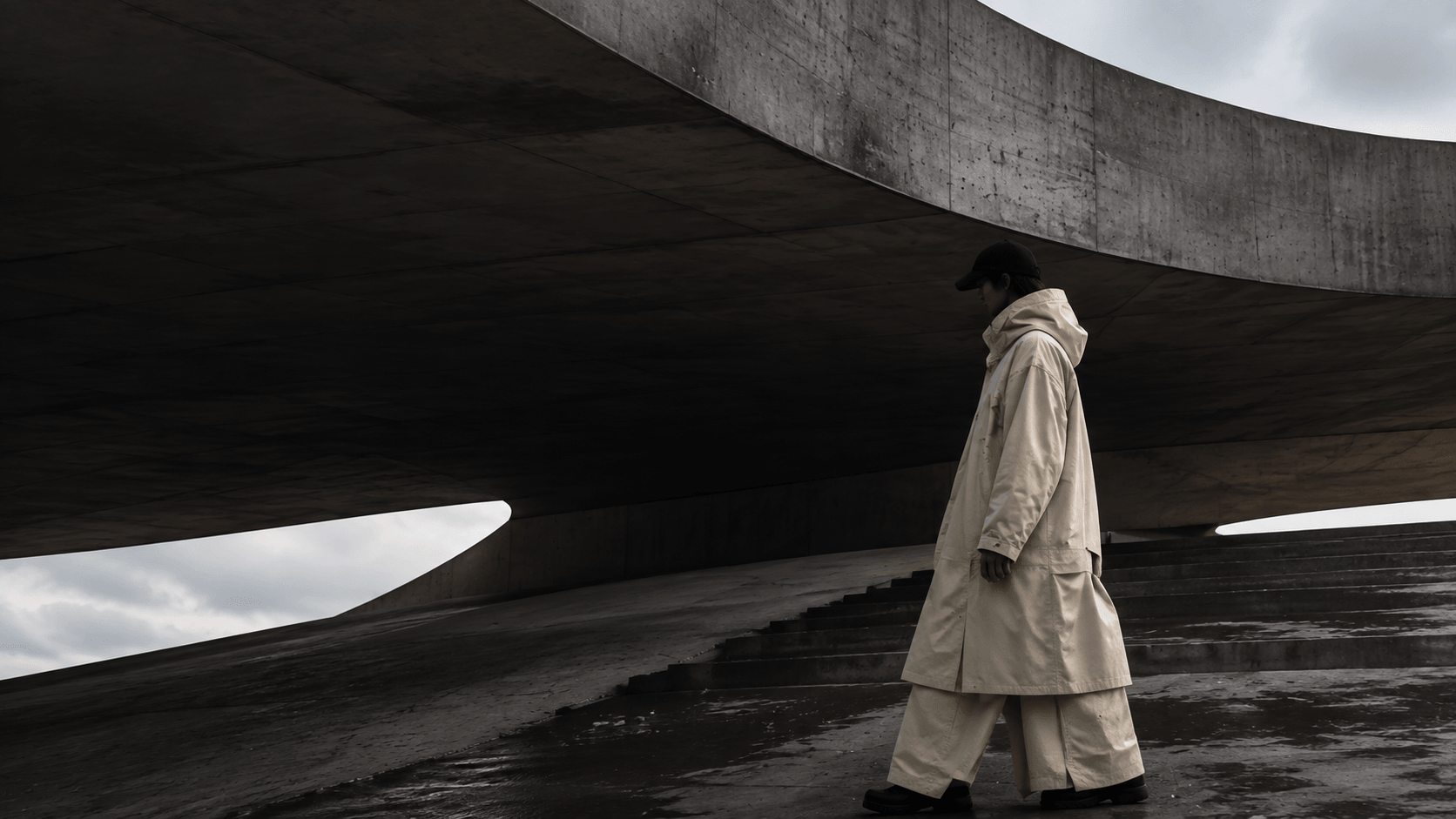 A model in a cream rain coat walking beneath a curved concrete roof
