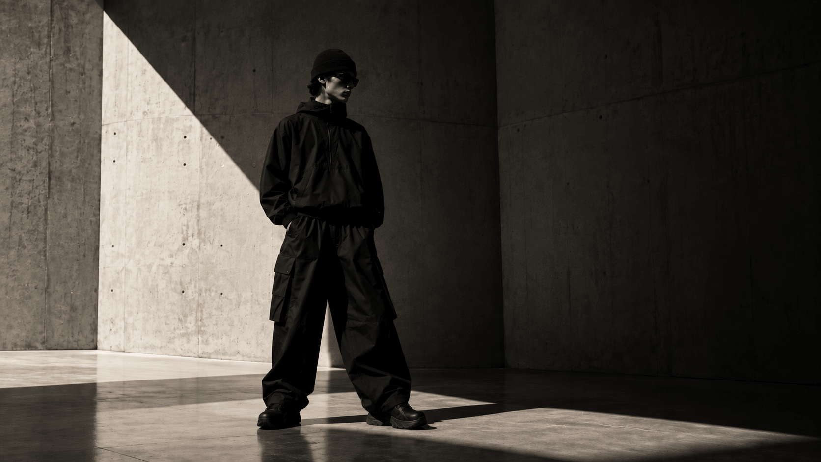 A model in an all-black outfit standing in a sunlit concrete room