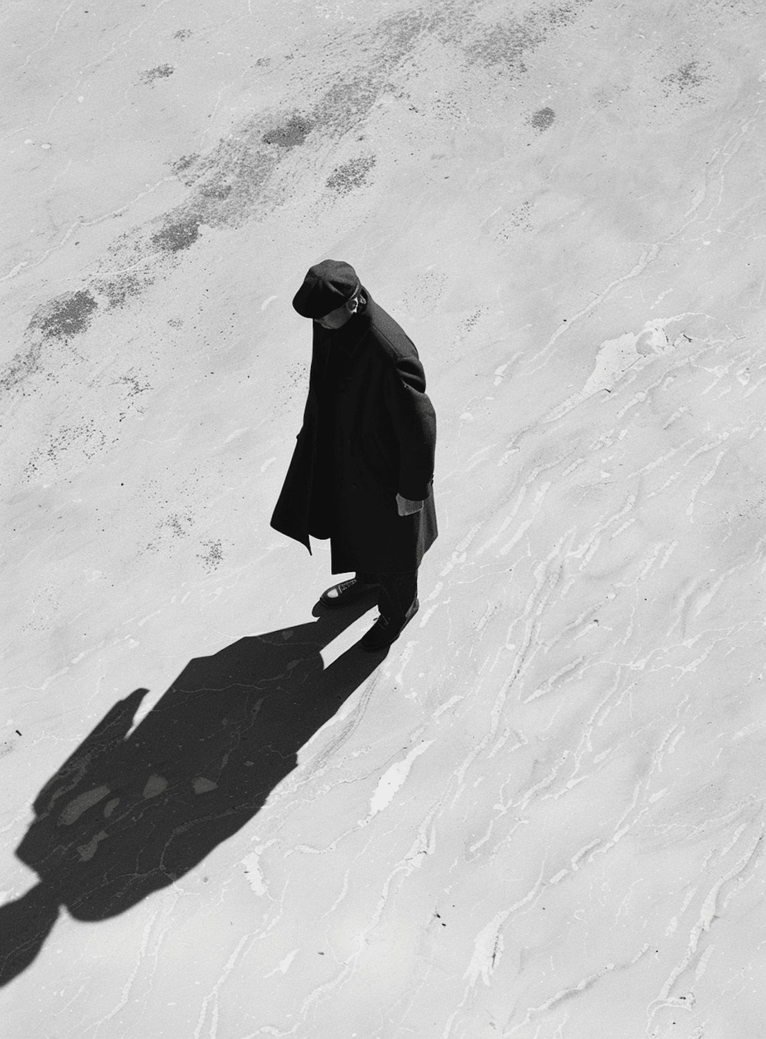 A figure in a long coat and cap casting a hard shadow