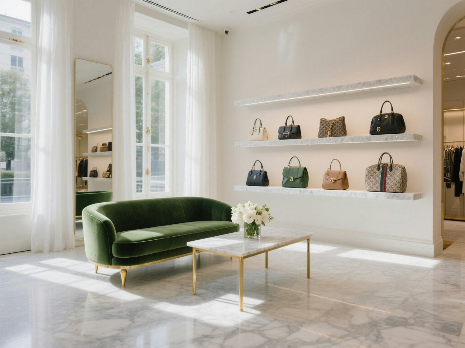A bright boutique interior with stone shelves and a low sofa