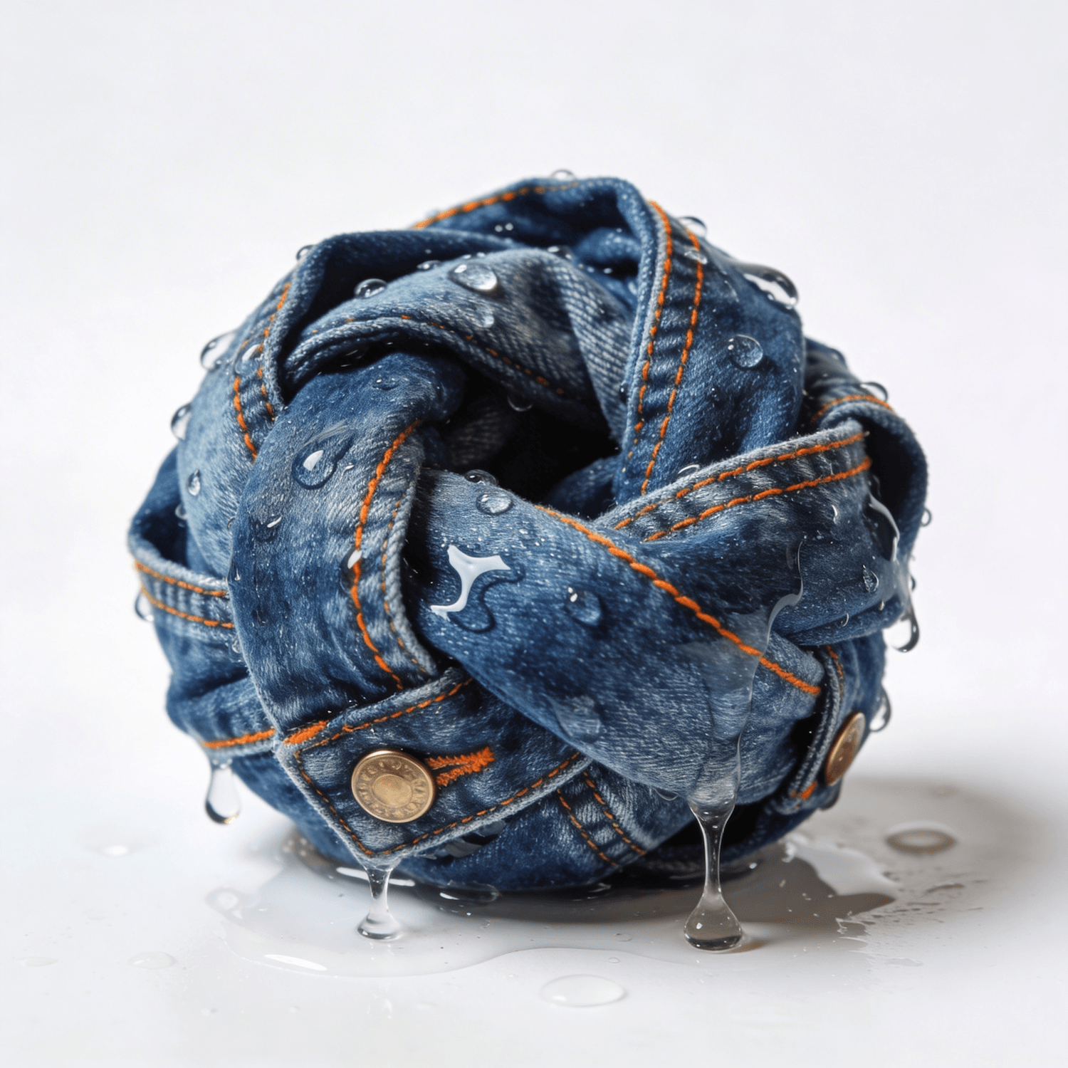 Knotted raw denim beaded with water