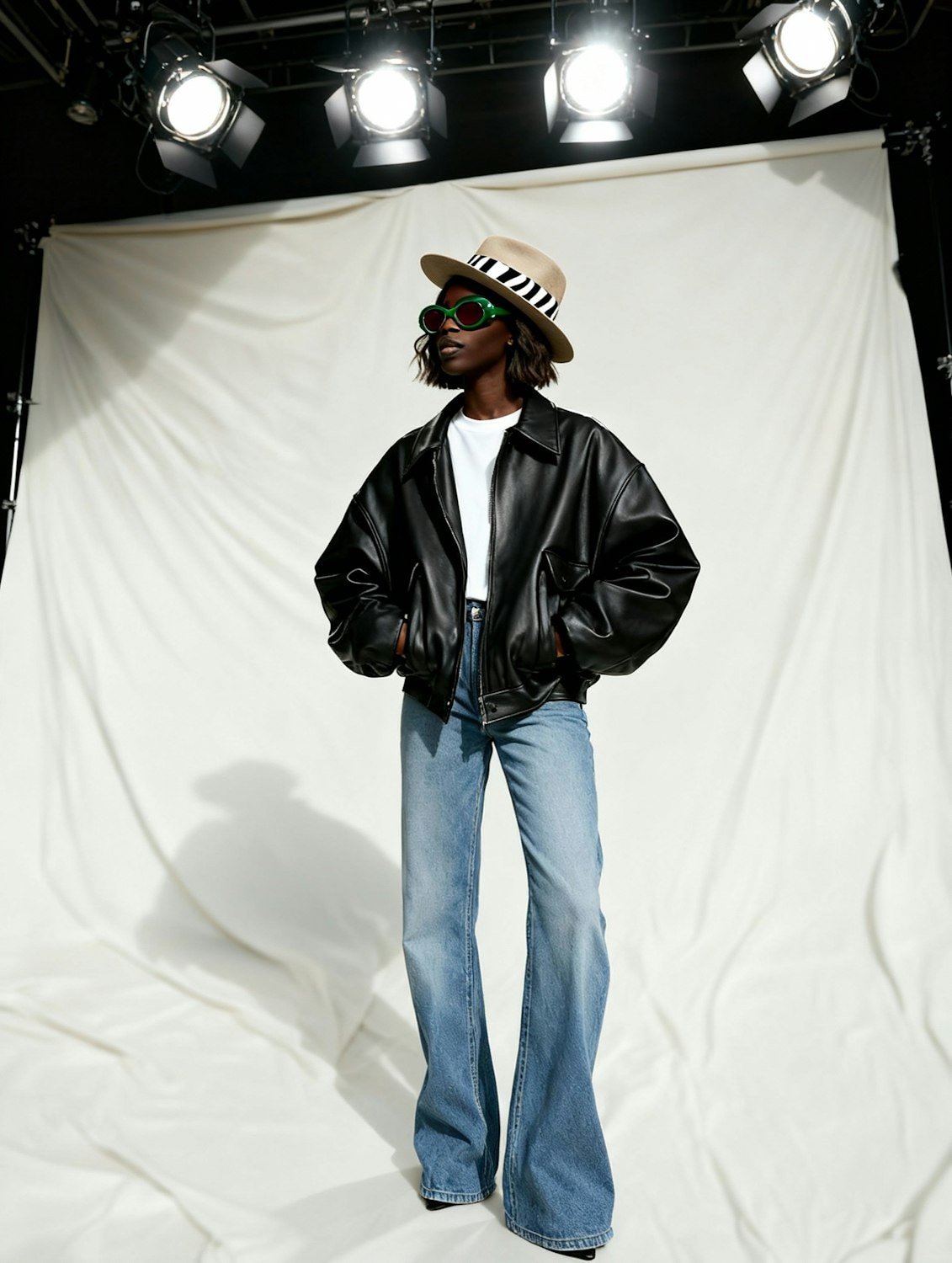 A model in a leather jacket, flared jeans and a wide hat under studio lights