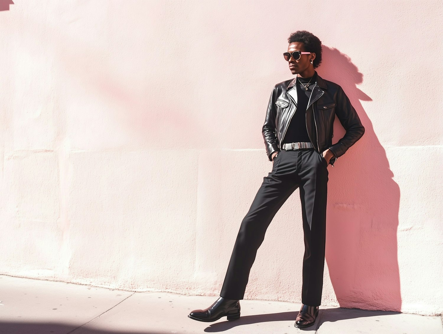 A man in a black leather jacket and sunglasses leaning on a wall