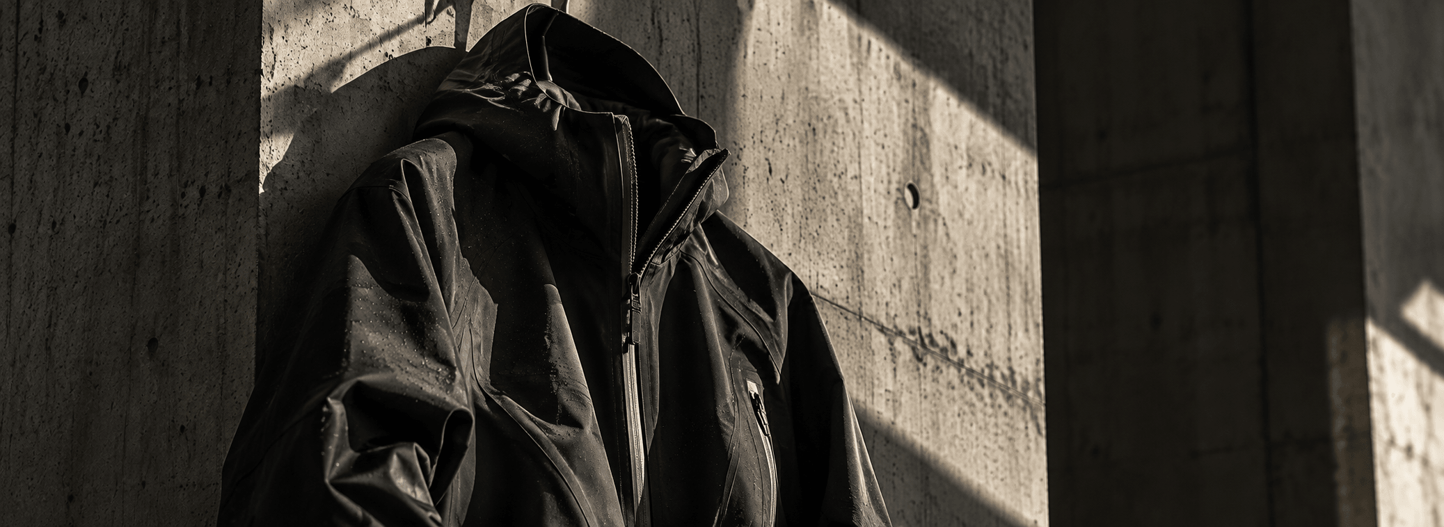 A black hooded technical shell beaded with rain, hanging against a sunlit concrete wall