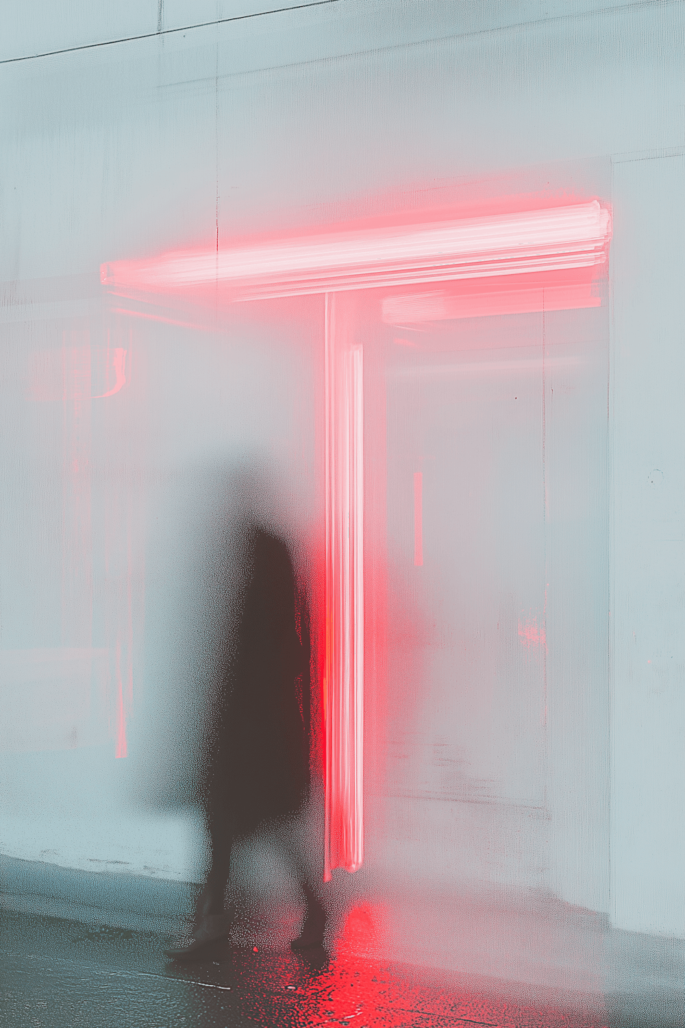 A figure in a long coat passing a glowing neon doorway