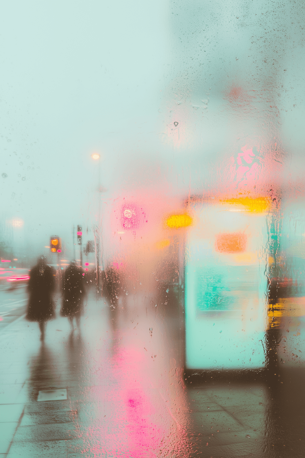 Walkers on a wet pavement seen through rain on glass