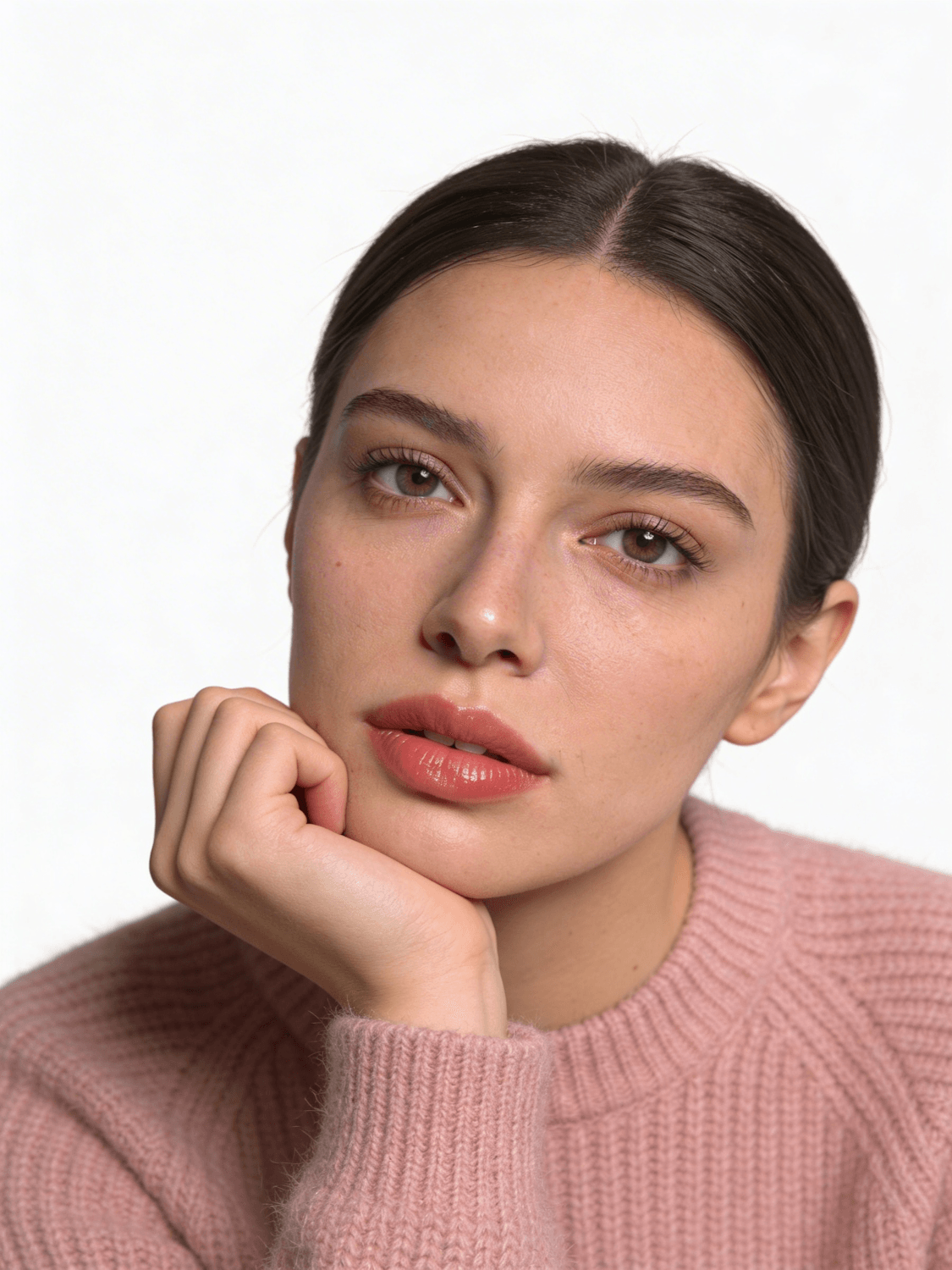 A model resting her chin on her hand in a chunky ribbed knit
