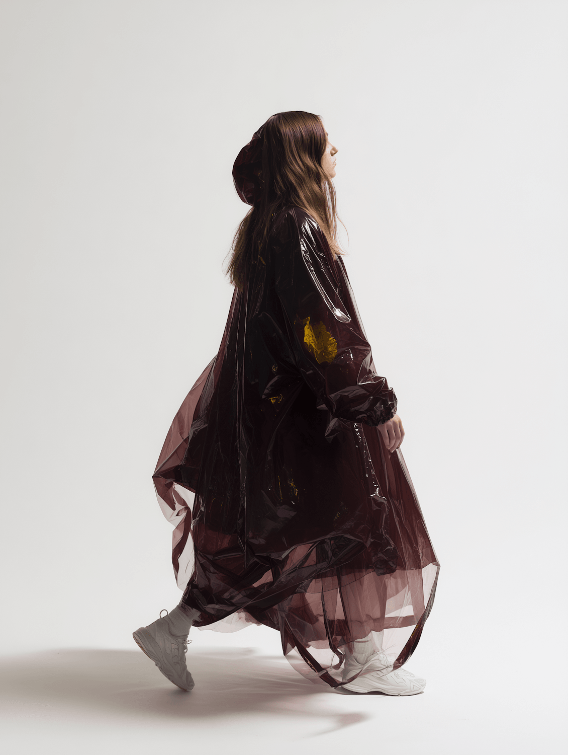 A model walking in a translucent hooded rain coat