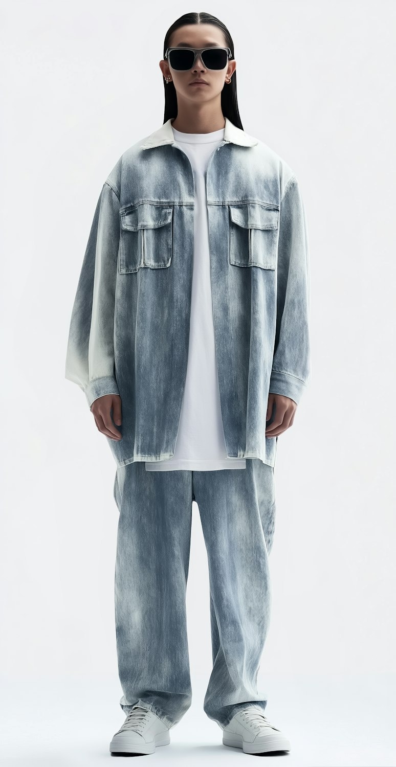 A model in a washed denim jacket and jeans with white sneakers