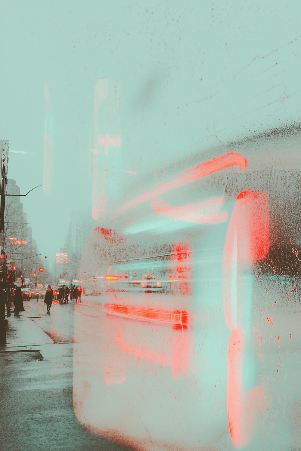 A rain-soaked avenue with blurred headlights and walkers