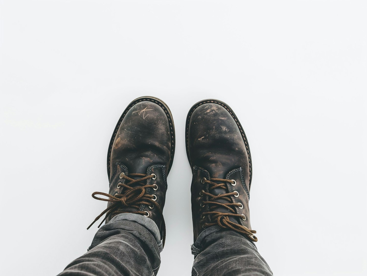 Worn leather lace-up boots with dark jeans