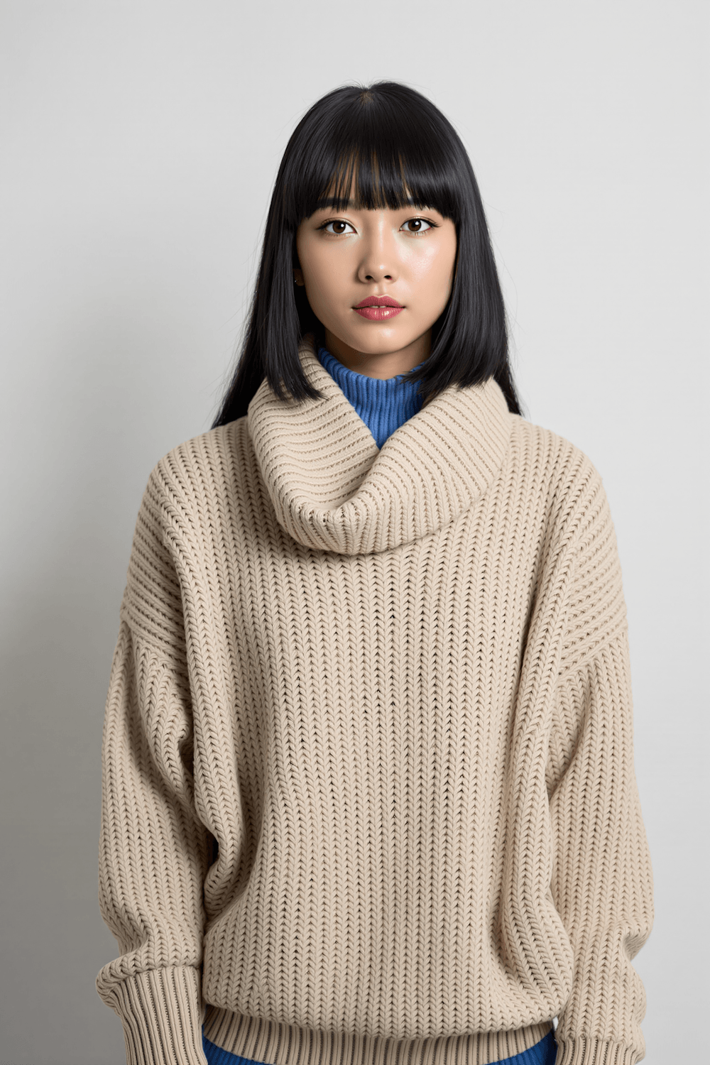 A model in a heavy ribbed knit layered over a turtleneck
