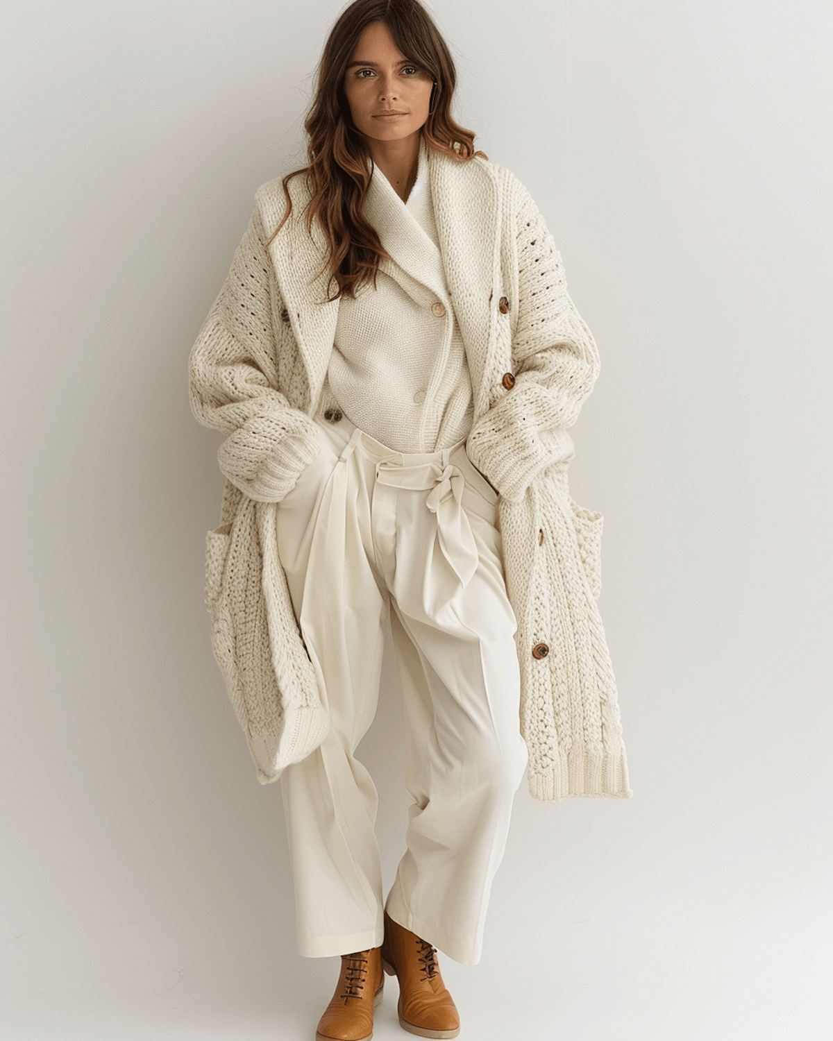 A model in soft brushed knitwear and wide trousers