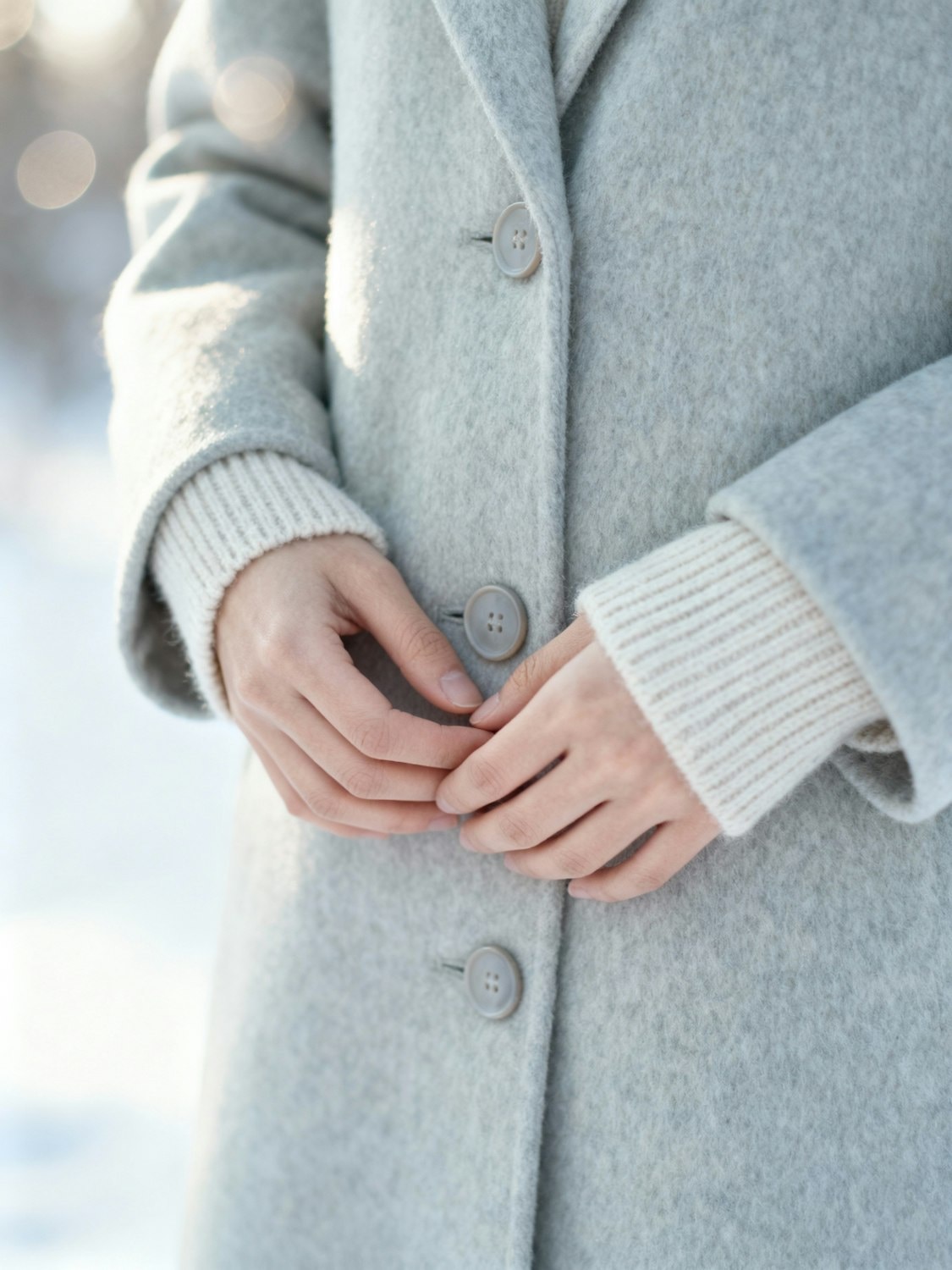 Hands fastening the horn buttons of a brushed wool coat
