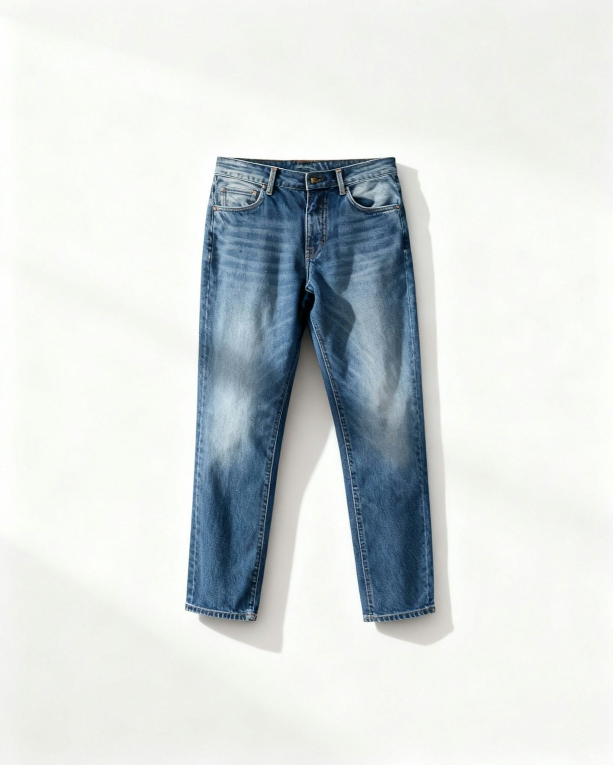 Straight-leg five-pocket jeans laid out flat