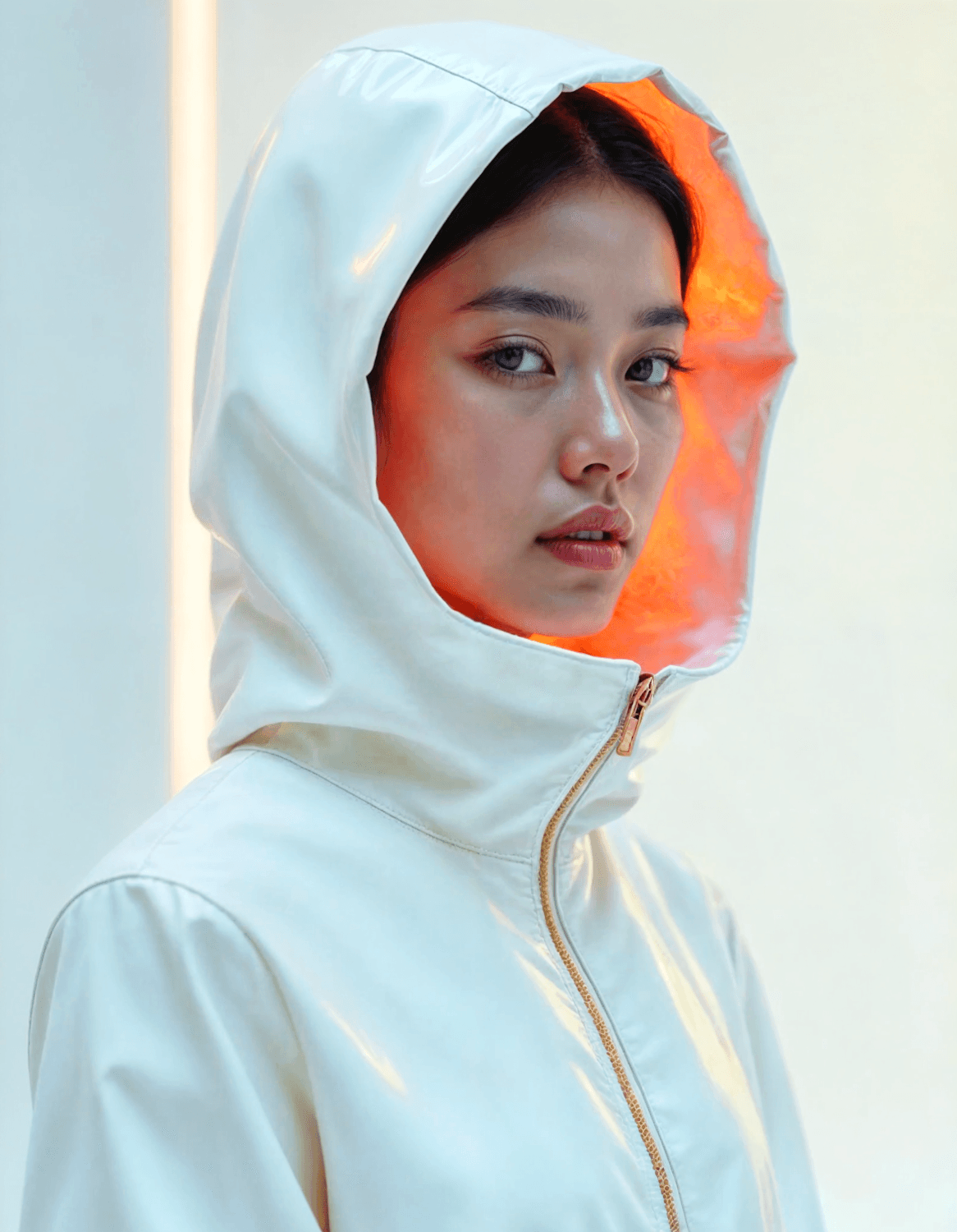 The hood of a white technical shell parka framing the face