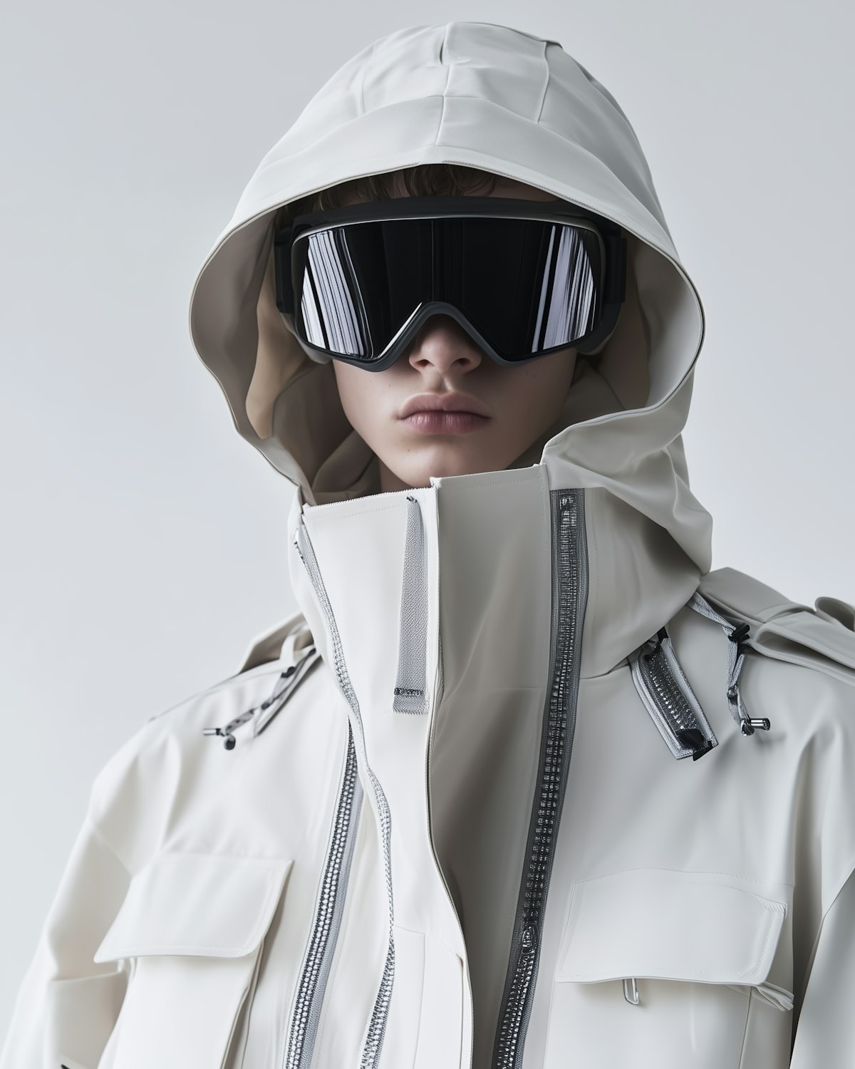 A model in a white hooded technical shell and reflective goggles