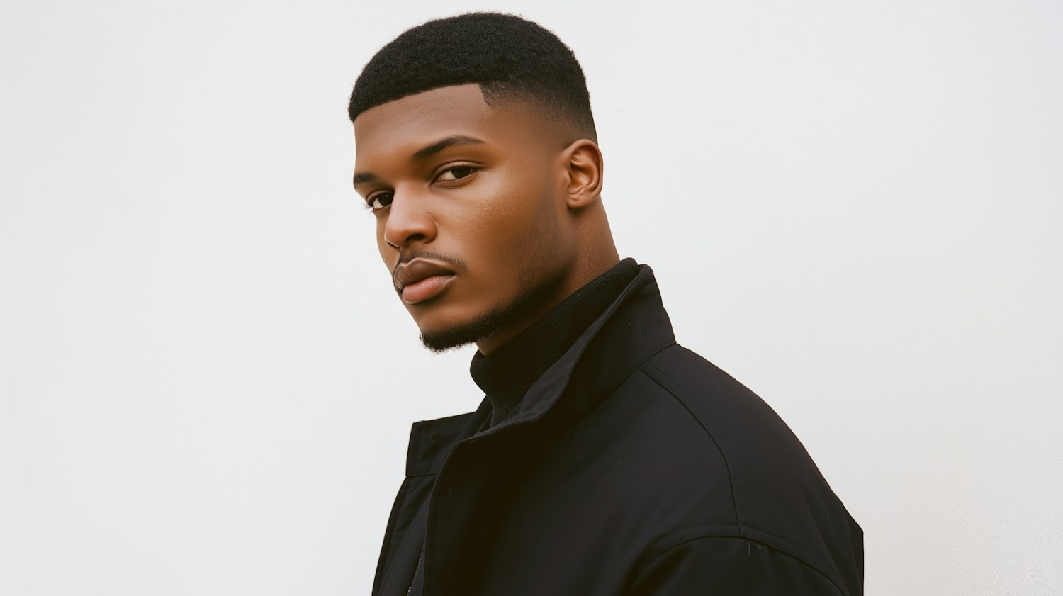 A close portrait in a short black utility jacket