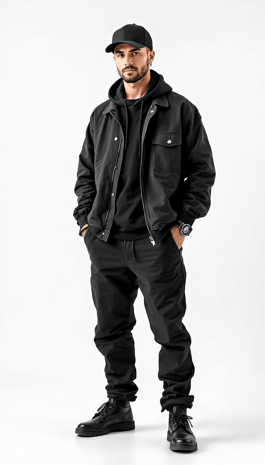 A man in an all-black bomber, cap and boots