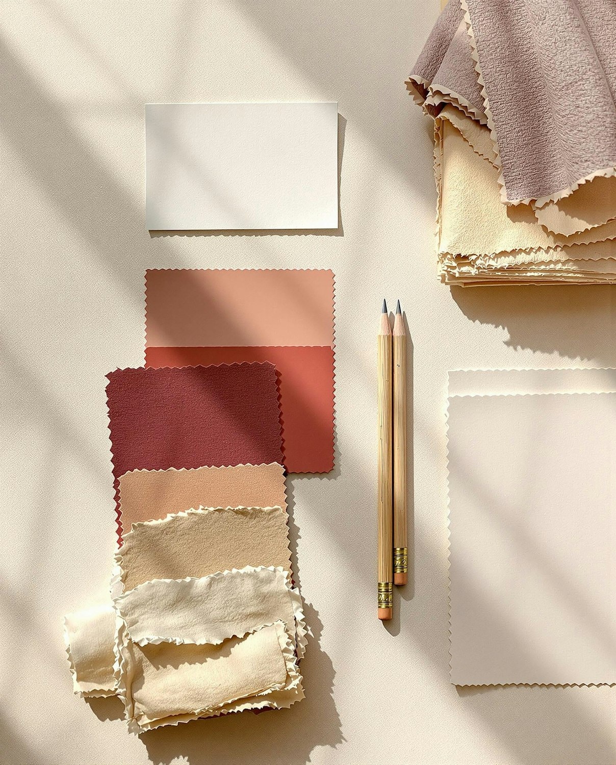 Fabric swatches in dyed tones laid out beside pencils