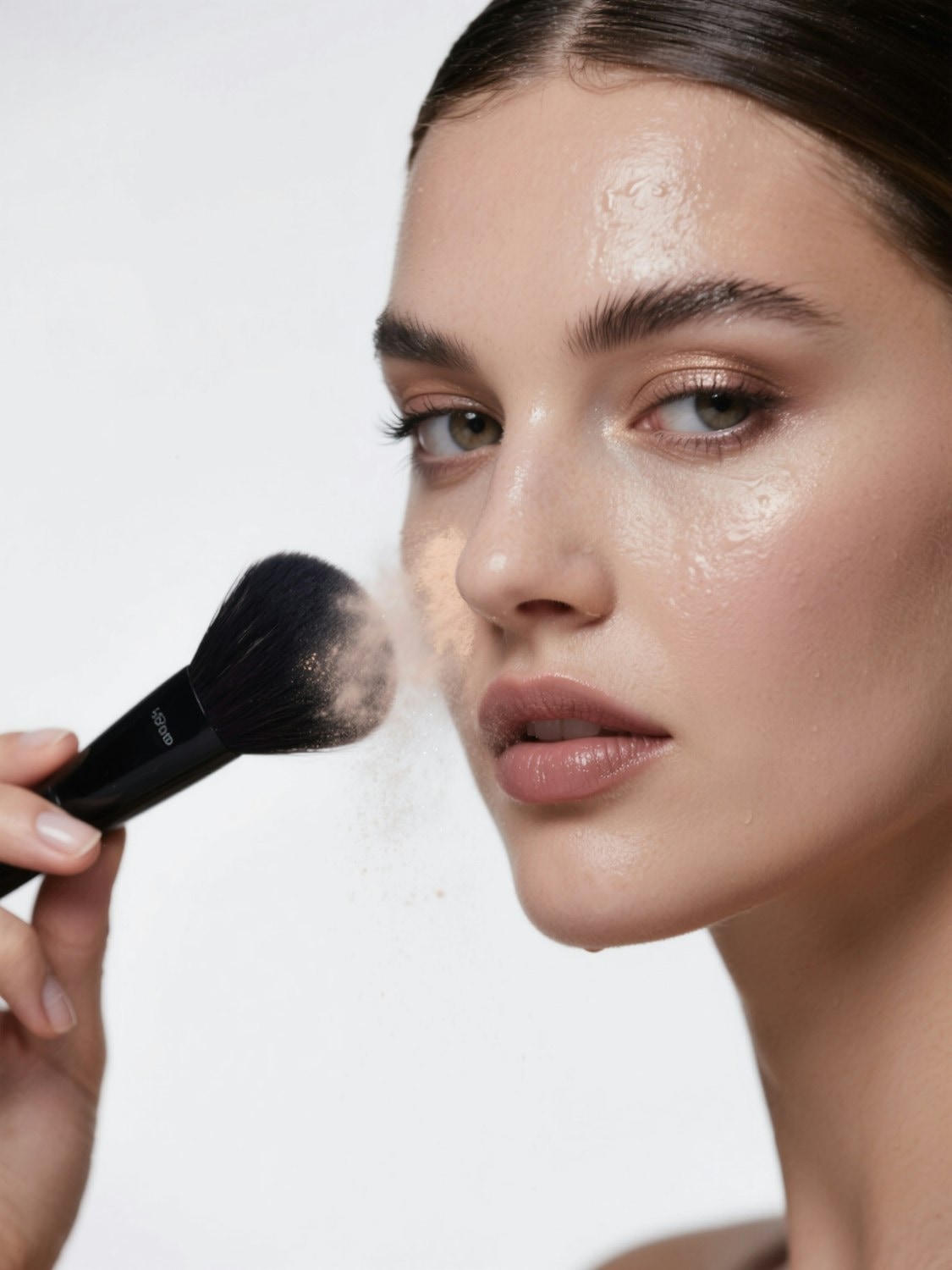 A make-up brush sweeping across a model's cheek