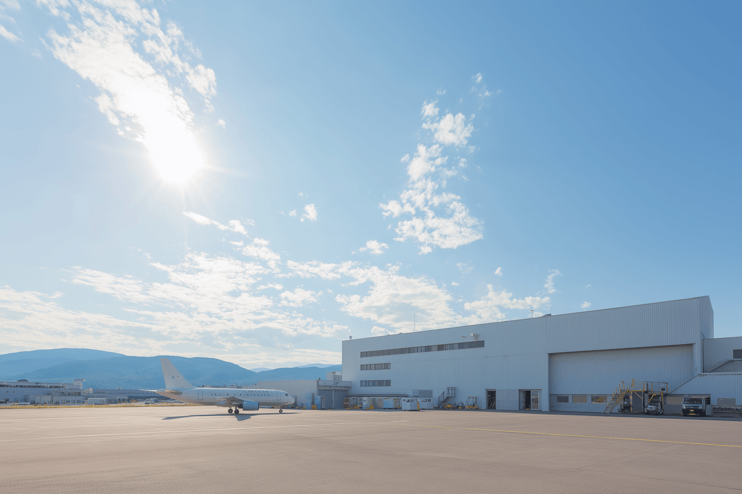 A hangar and open apron under a wide sky