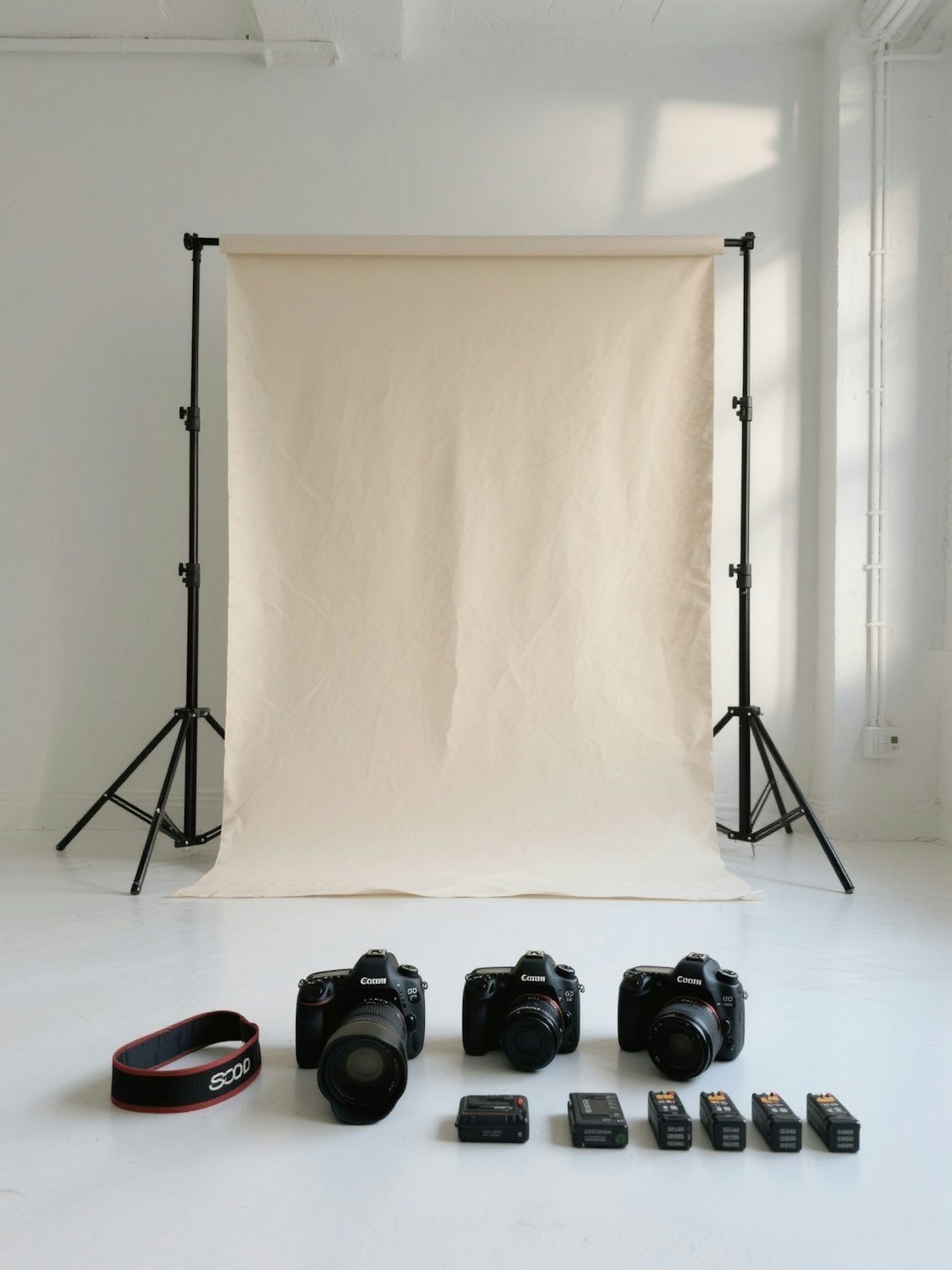Cameras lined up in front of a paper backdrop in a daylight studio