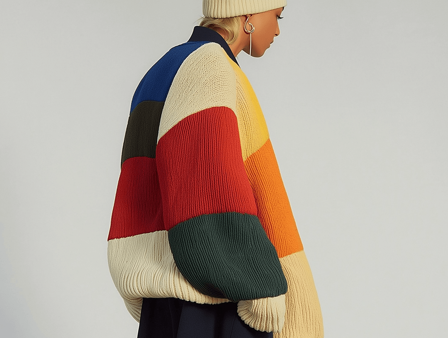A model in an oversized colour-block knit and ribbed beanie, seen from behind