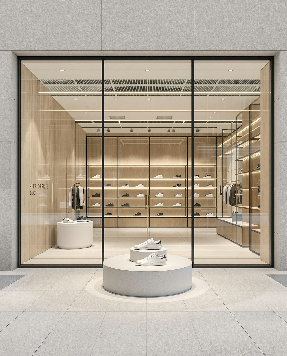 A minimal store with a glass front, pale wood floors and a single rail