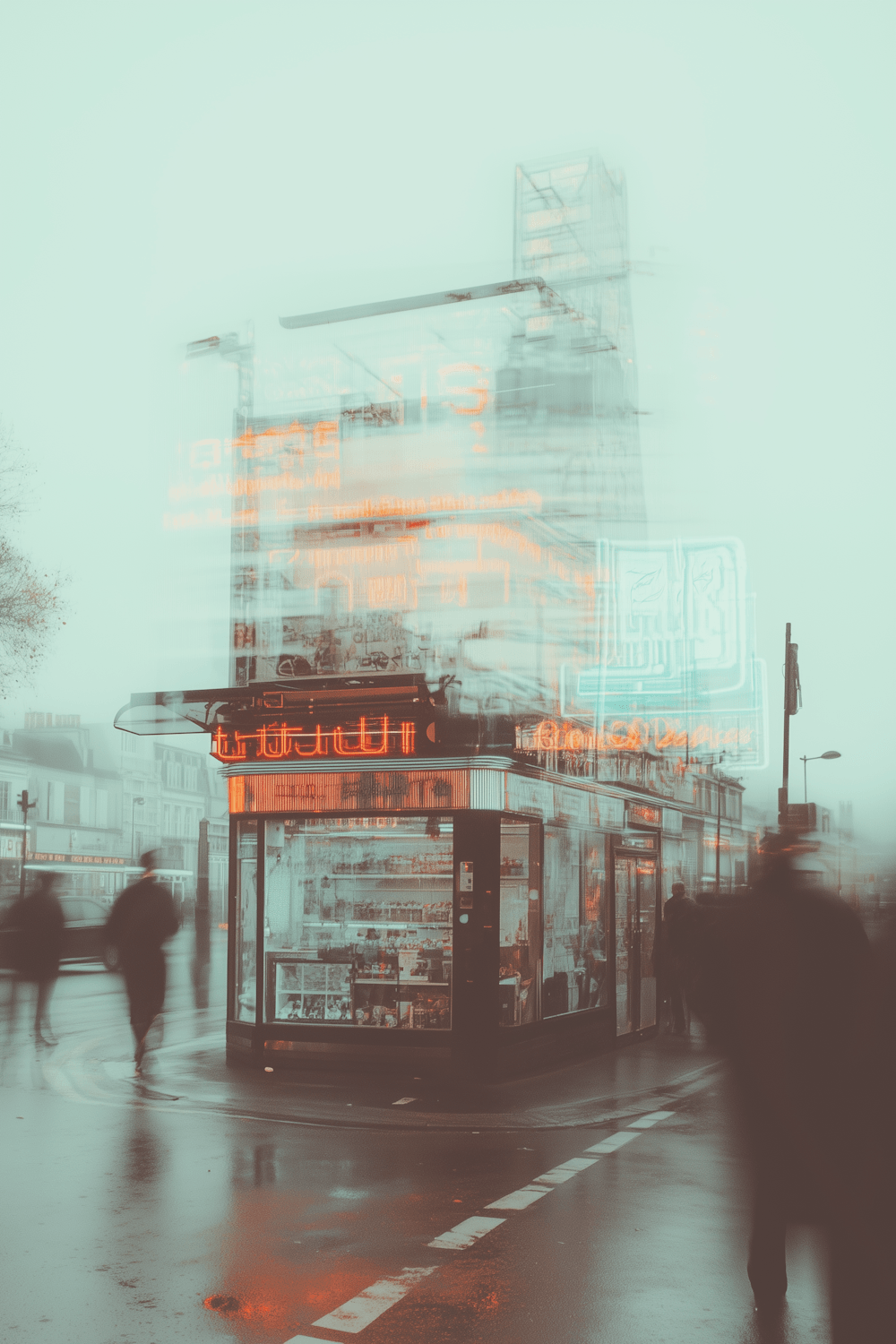 A lit corner shopfront on a wet street at dusk