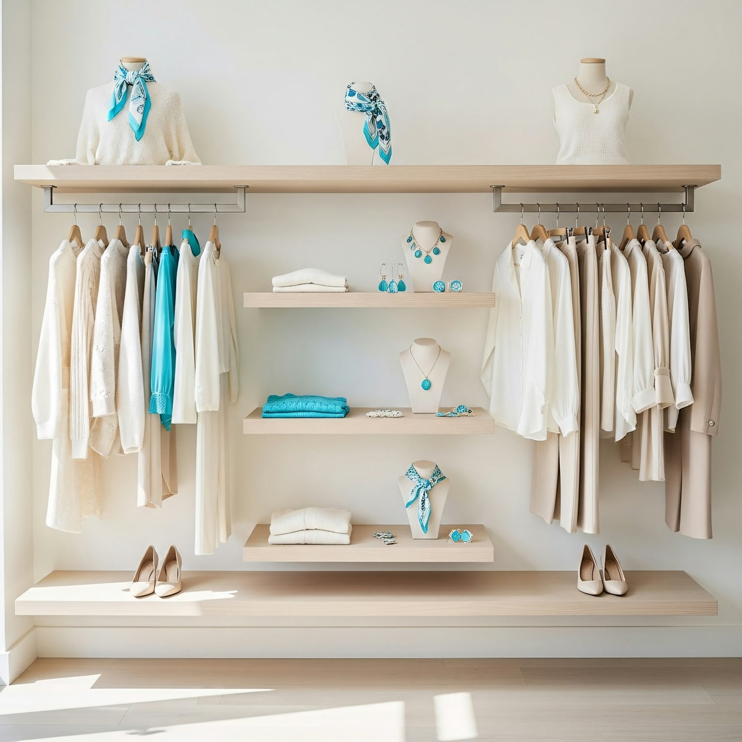Neatly folded knits and hanging garments on open store shelving